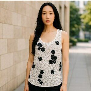 Dolan for Anthropologie XS Blouse Floral Crochet Sleeveless Black Gray Cream